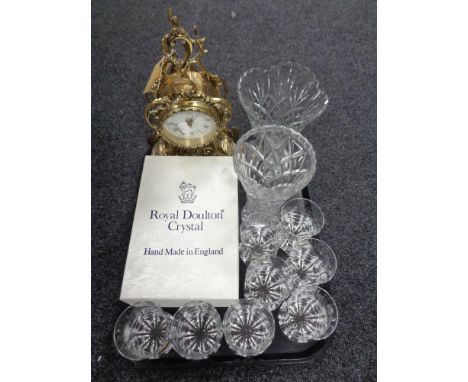 A tray of glass ware, crystal vases, Italian Bromioli whisky tumblers, boxed Doulton vase, brass mantel clock etc 