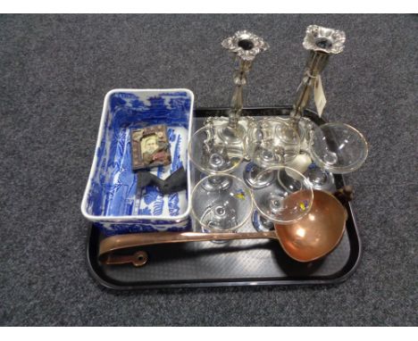 A pair of plated candlesticks, Babycham glasses, copper ladle, Maling willow pattern dish etc 