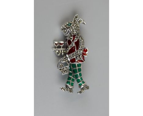 Silver enamel &amp; marcasite rabbit brooch 