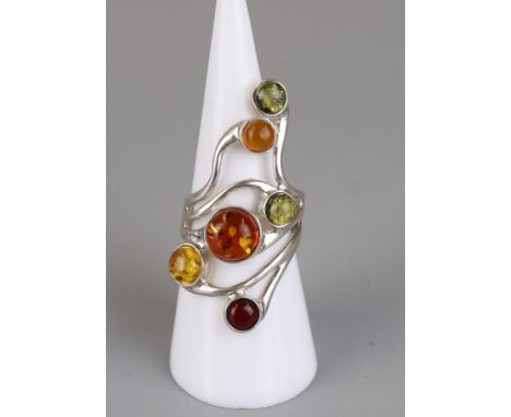 Silver &amp; amber ring - Approx size N½ 