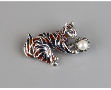 Silver enamel, ruby and pearl cat brooch 