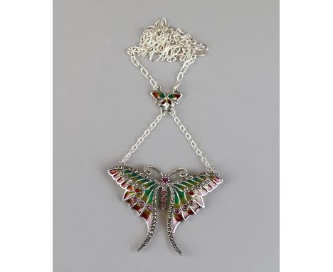 Silver enamel &amp; ruby butterfly pendant &amp; chain 
