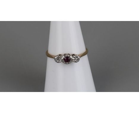 Gold 3 stone ruby and diamond ring - Size O 