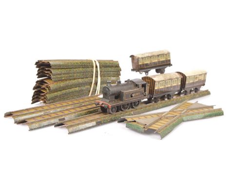 Bing 00 Gauge Table Top clockwork Engine Coaches and Track (21), comprising LNWR  black 2-4-0 Tank  (clockwork spring broken,