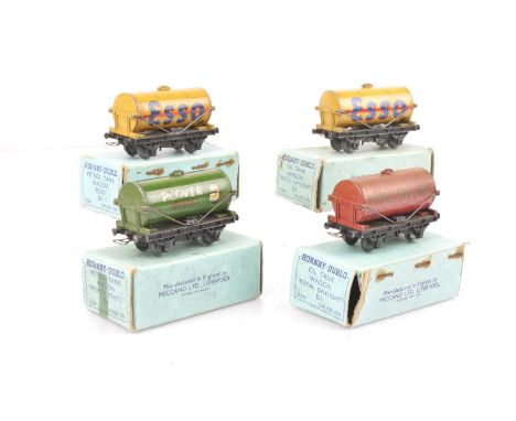 Four Hornby-Dublo 00 Gauge Pre-War D1 Tank Wagons all in original boxes dated 3-39,  Buff Esso (2, one in a Royal Daylight Bo