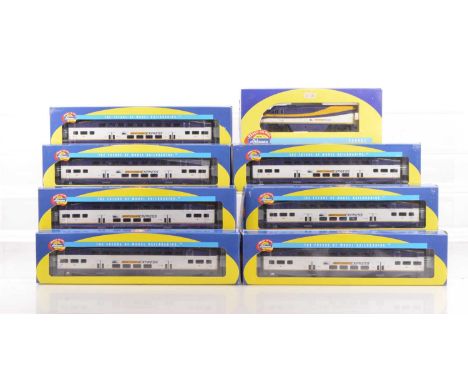 American HO Gauge West Coast Express Diesel Locomotive and Bi-Level Bombardier Coaching Stock by Athearn, all boxed, 2614 F59