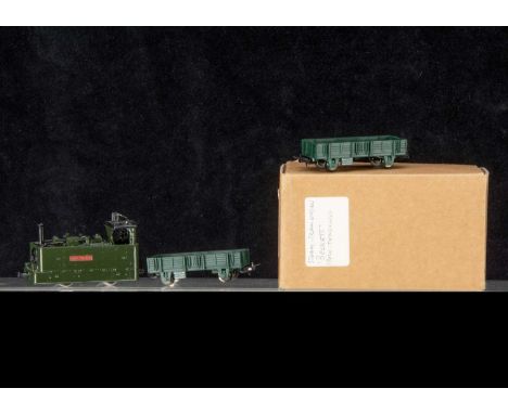 Kit Built OO Gauge Beckett Tram Engine and two Open Trucks,  in green livery constructed from a Peco kit with metal body and 