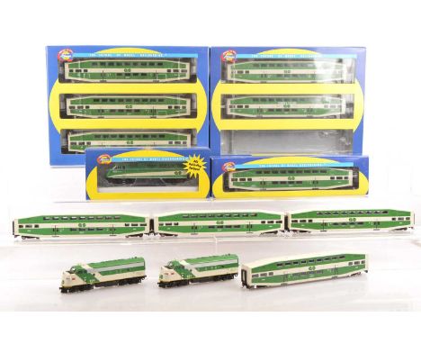 American HO Gauge GO Transit Government of Ontario Diesel Locomotive and Bi Level Coaching Stock (10), unboxed and unbranded 