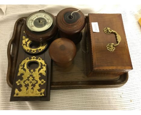 A quantity of treen and wooden items to inc string holders, barometer, mahogany tea caddy, tray and bookslide