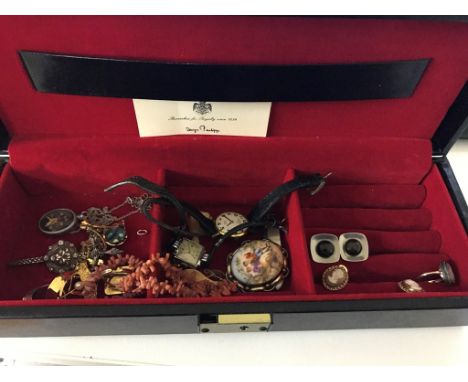 A box of vintage costume jewellery and watches