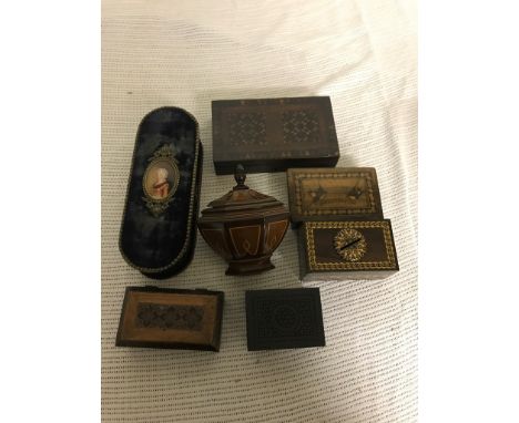 Vintage boxes to inc Tunbridgeware and Fortnum & Mason examples