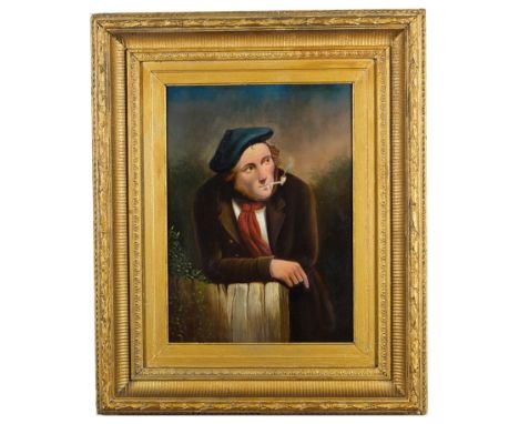 Circle of Sir David Wilkie, R.A. (Scottish, 1785-1841): Portrait of a smoking gentleman leaning on a fence, oil on board, H 4