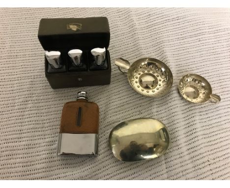 Two silver-plated wine tasters, miner's box, bottle set and hip flask