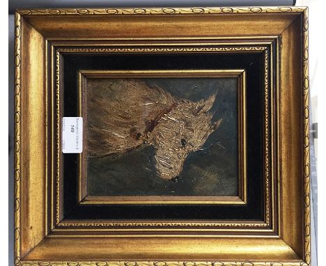 An oil on board depicting a portrait study of a Yorkshire terrier, indistinctly signed lower left, H 17 x W 13 cm