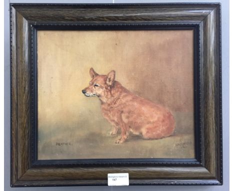 An oil on canvas depicting a portrait study of a Corgi, 'Heather', signed 'R A Oldfield' & dated 1960, H 25 x W 30 cm