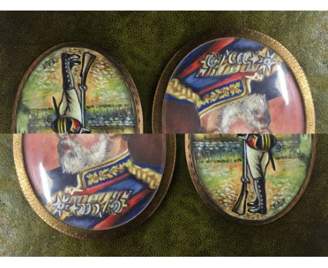 Two hand painted portrait miniatures, one depicting King Edward VII, the other a soldier, signed ERIK, in yellow metal frames