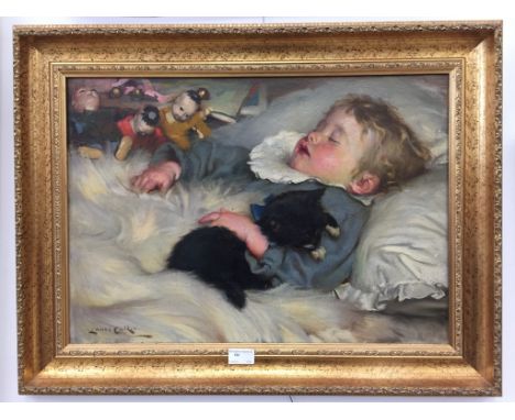 Lance Calkin (British, 1859-1936): Portrait of a baby surrounded by Oriental dolls, oil on canvas, signed lower left, 40 x 56
