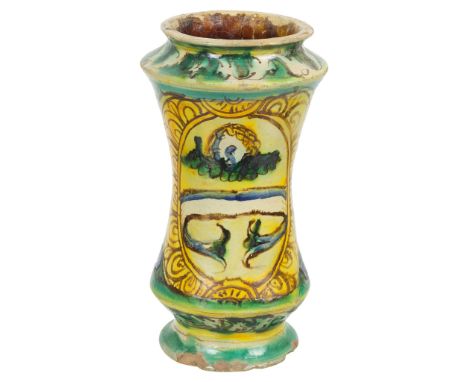 A 17th Century Maiolica Albarello Jar:With handpainted floral and leaf designs, H 22cm   CONDITION REPORT:  Has chips to the 