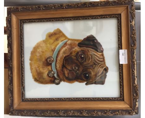 An oil on porcelain panel depicting a portrait study of a pug, signed with intials DES & dated '91, H 27 x W 22 cm