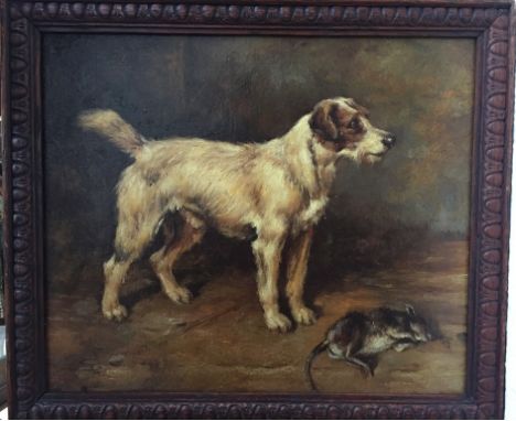 S W (19th/20th century): Portrait of a terrier with a dead rat, oil on board, signed with intitials lower left, H 23 x W 28 c