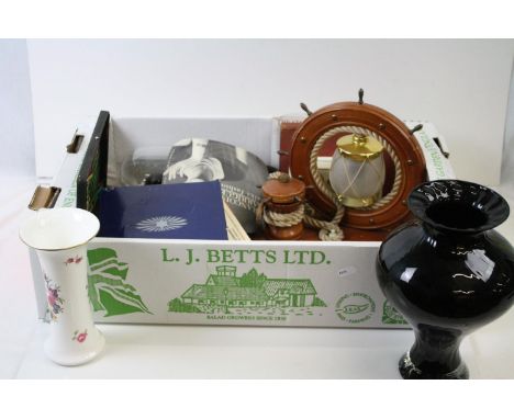 A box of mixed collectables to include Royal Doulton vase, ships wheel table lamp, marbles and a brass cone. 