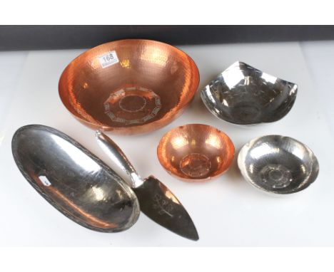 Collection of Arts and Crafts Metalware including Two L.RI Borrowdale Hand Beaten Copper Bowls, Two Borrowdale Stainless Stee