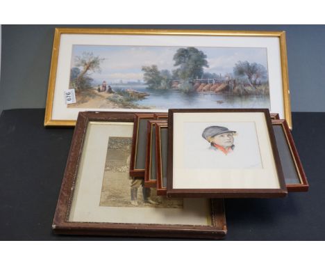 Watercolour portrait of a stylish lady, indistinctly signed, a quantity of sporting prints &amp; one other (7) 