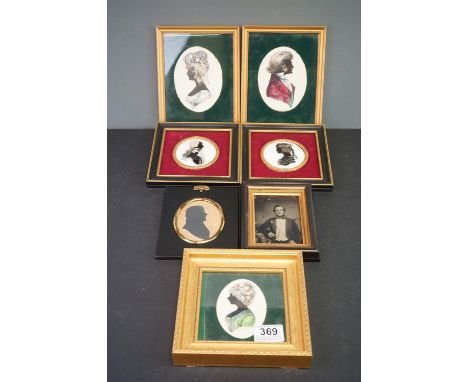 Three framed silhouettes a mid 19th century Deguerre type portrait of man and Three water colour portraits signed Johnson. 