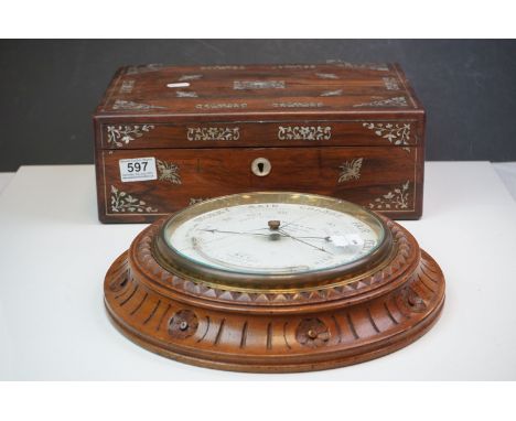 A Victorian writing slope with mother of pearl inlay decoration together with a wall hanging barometer. 