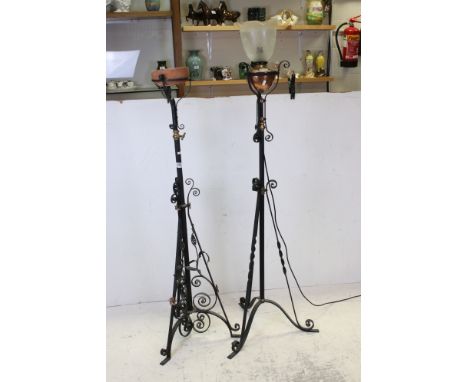 Victorian Wrought Iron and Brass Standard Oil Lamp Stand, 139cms high together with a Victorian Wrought Iron and Copper Stand