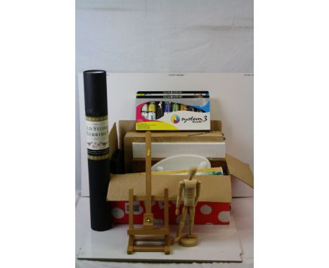 Box of assorted artist materials, to include paints, easel, mannequin, brushes etc 