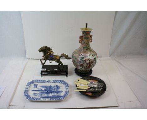 A decorative metal horse ornament on wooden base together with a Chinese lamp and a quantity of ceramics and cutlery. 