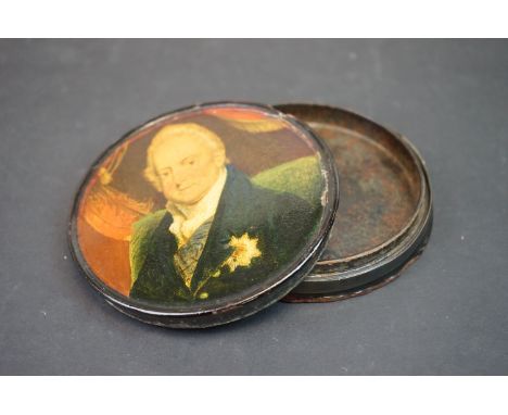A 18th / 19th century paper mâché snuff box with portrait decoration or George IV to the lid