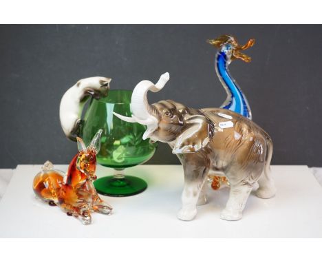 Royal Dux Elephant together with Ceramic Cat and Mouse in a Large Green Brandy Glass plus Studio Glass Bird and Deer