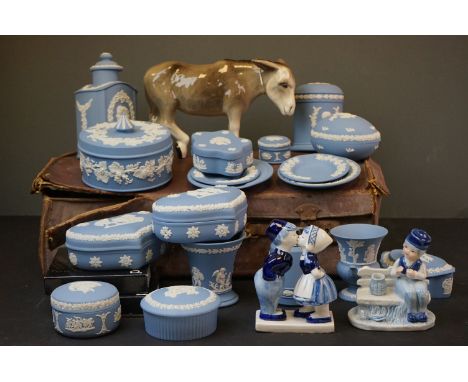 Collection of Wedgwood Blue Jasperware plus a Ceramic Donkey and other Figures together with a case containing O Gauge Track 