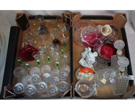 Two Trays of Mixed Glassware and Ceramics including Cranberry Jack in the Pulpit Vase, Glass Decanters, Various Drinking Glas