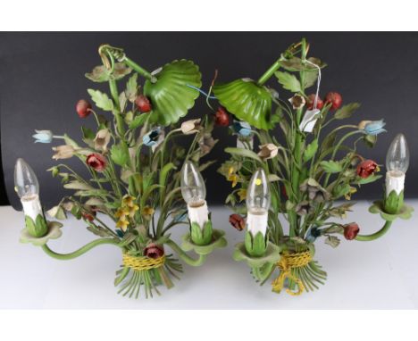 Pair of Toleware Hanging Three Branch Chandeliers / Light Fittings of naturalistic flower and leaf form, each approx. 59cms h