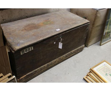 Antique Oak Metal Bound Travelling Trunk / Box with rope handles and brass name plaque to top, 103cms long x 46cms high 