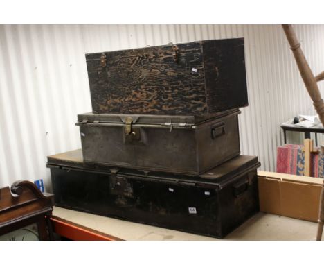 Victorian Metal Trunk, 116cms long together with a Metal Toolbox and a Wooden Toolbox 