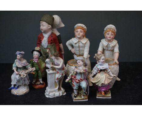 Collection of Eight Figures including Meissen Porcelain Figurine playing a lute, 12cms high, Pair of Royal Worcester Kate Gre