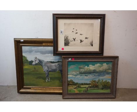 D F Browne mid 20th century oil on canvas of a grey horse Blue Boy together with a print of ducks and a rural landscape. 