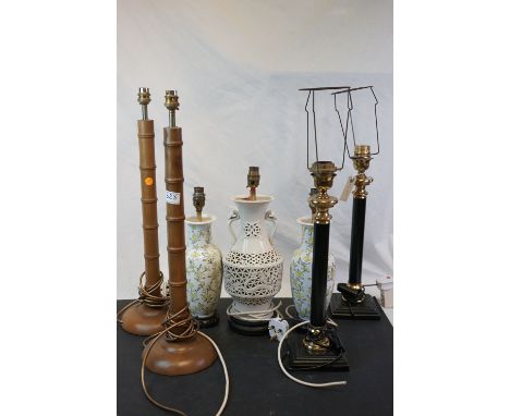 Three pairs of vintage table lamps to include oriental, ceramic and Art Deco style examples, together with a further singular