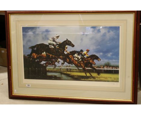 Signed Limited Edition Horse Racing Print, 'The Water Jump' by Graham Isom no. 120/550, image 82cms x 46cms, framed and glaze