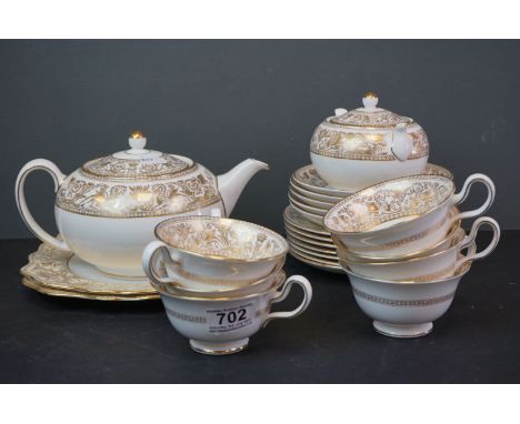 Wedgwood ' Gold Florentine' W4219 Part Tea Service comprising Tea Pot, Lidded Sugar Bowl, Seven Tea Cups, Five Saucers, Seven