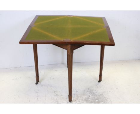 Edwardian Mahogany Envelope Card Table with single drawer and raised on square tapering legs with castors, 60cms wide x 74cms