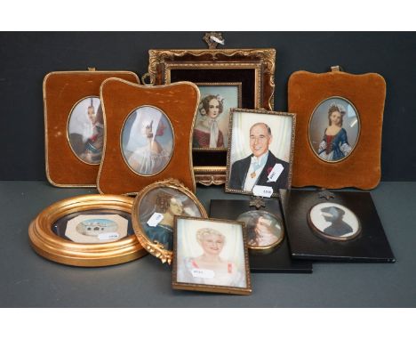 Five Antique style portrait miniatures four of young women in costume a young boy together with a similar print Grand tour pa
