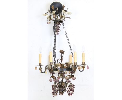 Metalware Six Branch Chandelier with leaf decoration and glass drops, approximately 49cms wide x 50cms high