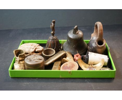 A group of mixed collectables to include a carved horn elephant suff box, a brass match holder and a Coalport ceramic decante