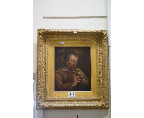 A 19th century oil on panel, Continental portrait of a man playing a flute, mounted in an ornate gilt gesso frame, unsigned 2