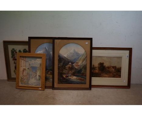 Group of pictures to include Two Pastel Sketches of Switzerland by F W Waud, George Baxter Print, Watercolour of Clovelly by 